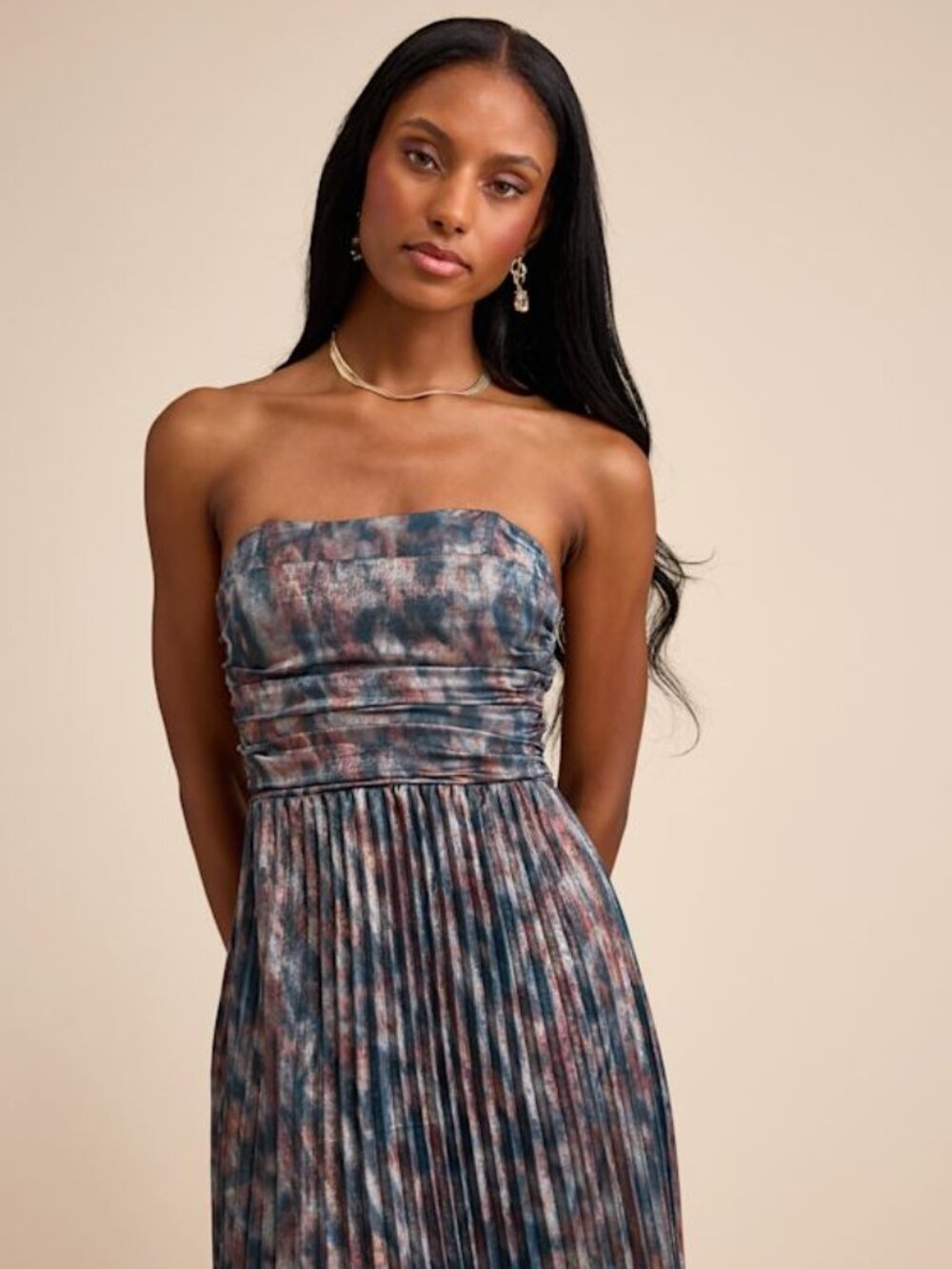 Lulus Islya Slate Blue Multi Abstract Pleated Strapless Maxi Dress - Size XS
